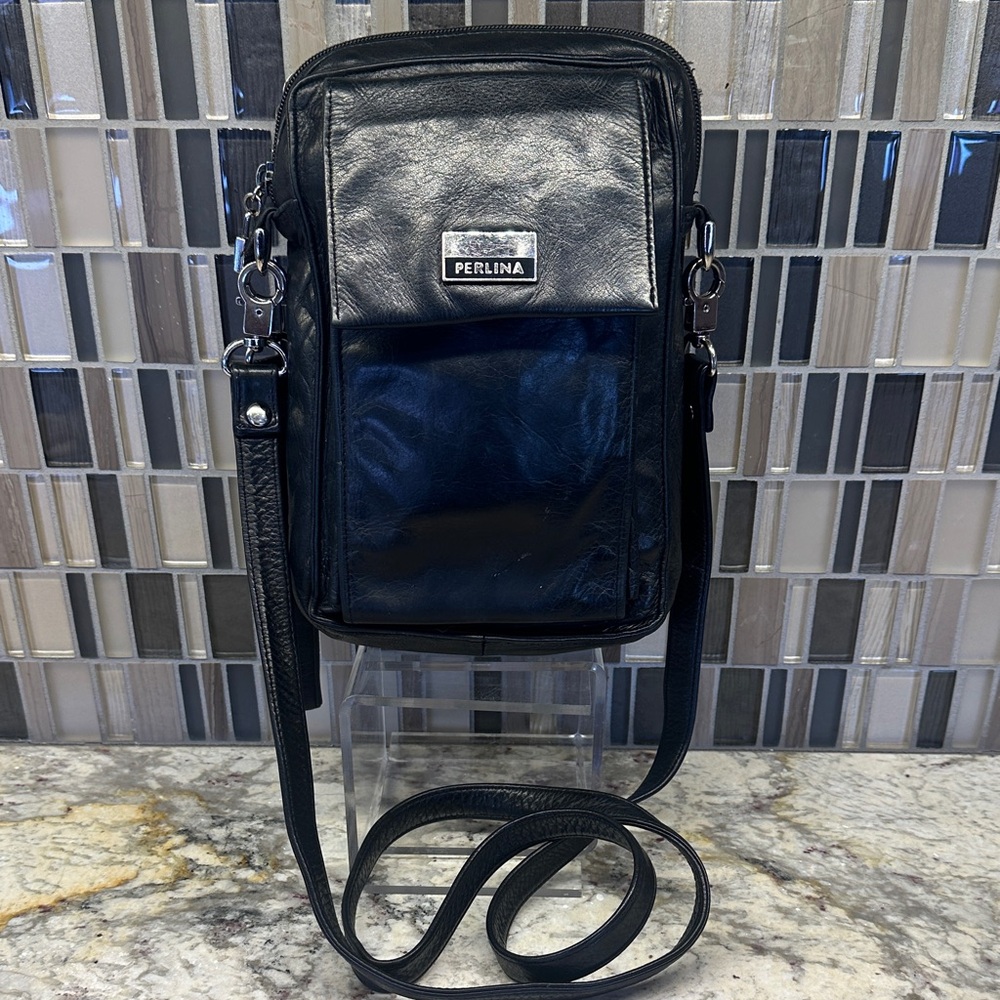 Perlina Black Leather Messenger Bag